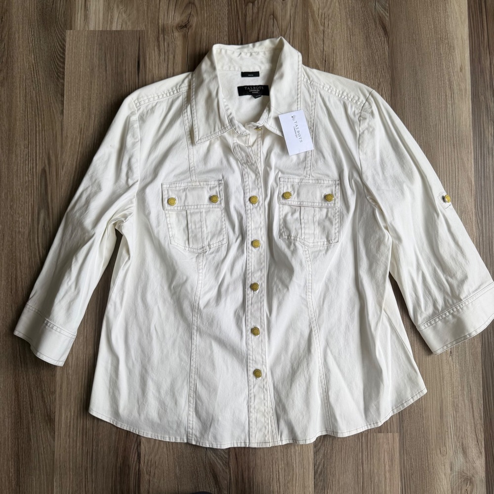 Talbots White‎ Stretch Cotton Button Down Utility Jacket Shirt Gold Buttons 1X